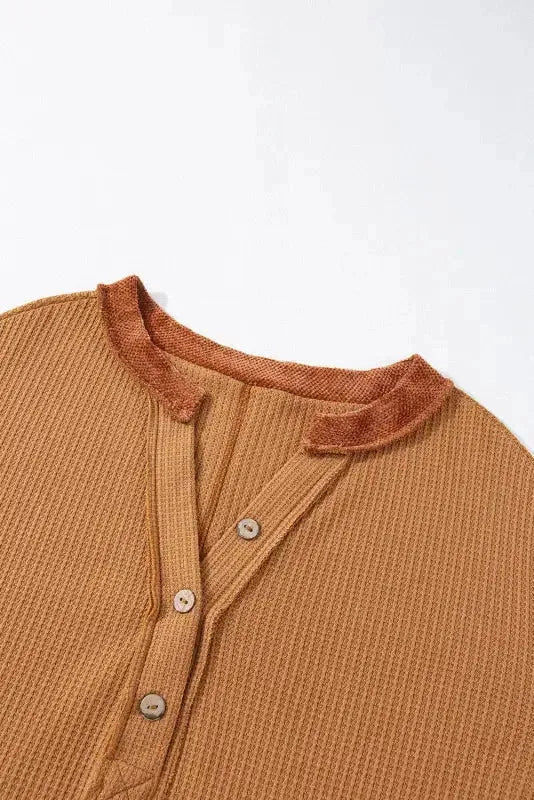 Contrast Waffle Knit Henley Top - Fashionfitz