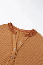 Contrast Waffle Knit Henley Top - Fashionfitz