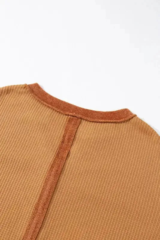 Contrast Waffle Knit Henley Top - Fashionfitz