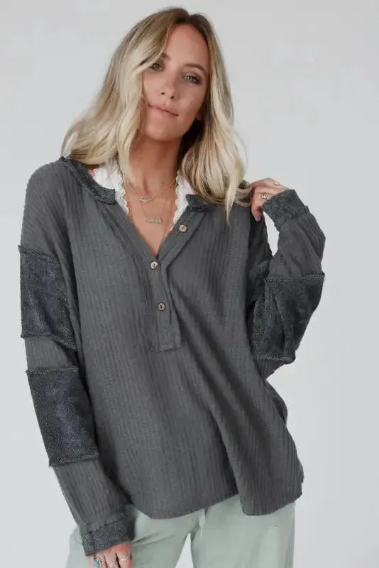 Contrast Waffle Knit Henley Top - Fashionfitz