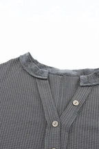 Contrast Waffle Knit Henley Top - Fashionfitz