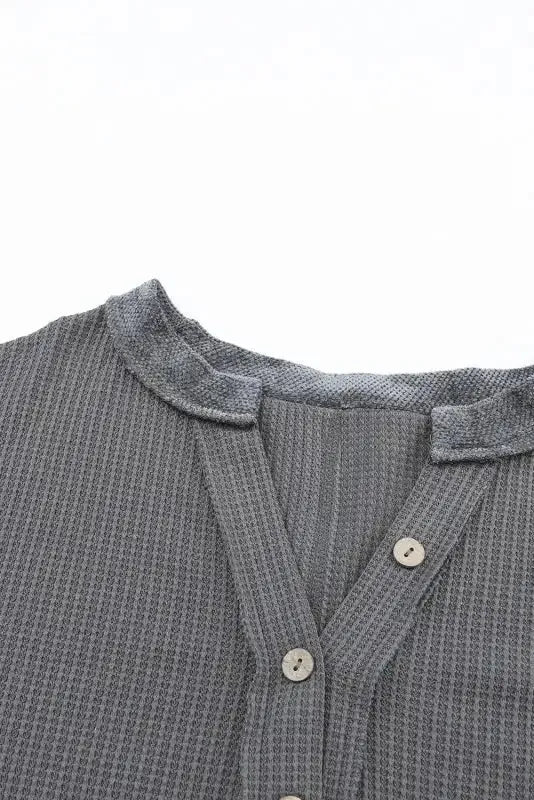 Contrast Waffle Knit Henley Top - Fashionfitz