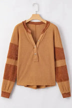 Contrast Waffle Knit Henley Top - Fashionfitz
