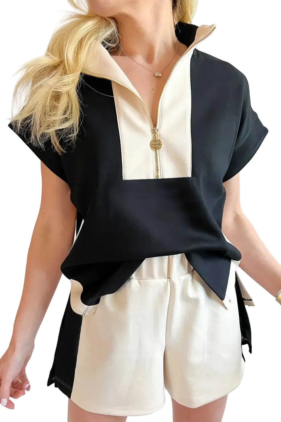Contrast zipped t-shirt short set - modern casual wear