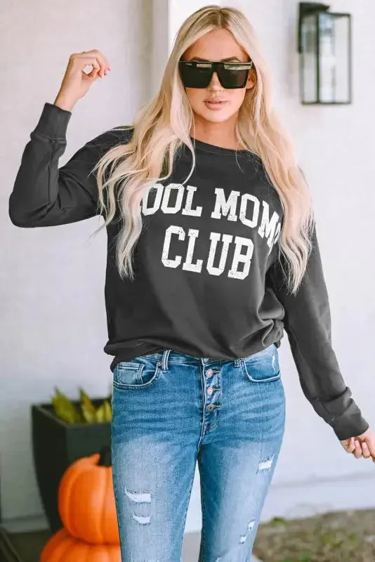 Woman wearing gray Cool Moms Club graphic drop shoulder sweatshirt front view Fashionfitz UK