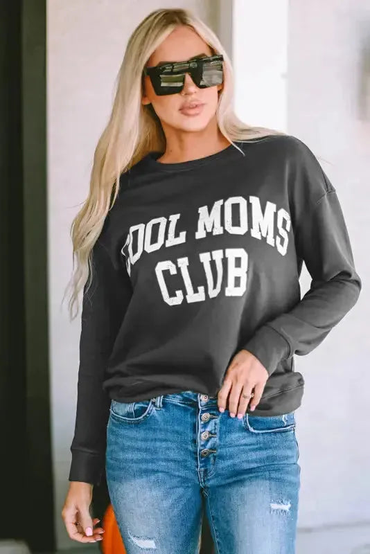 Close-up of Cool Moms Club graphic print on drop shoulder sweatshirt Fashionfitz UK