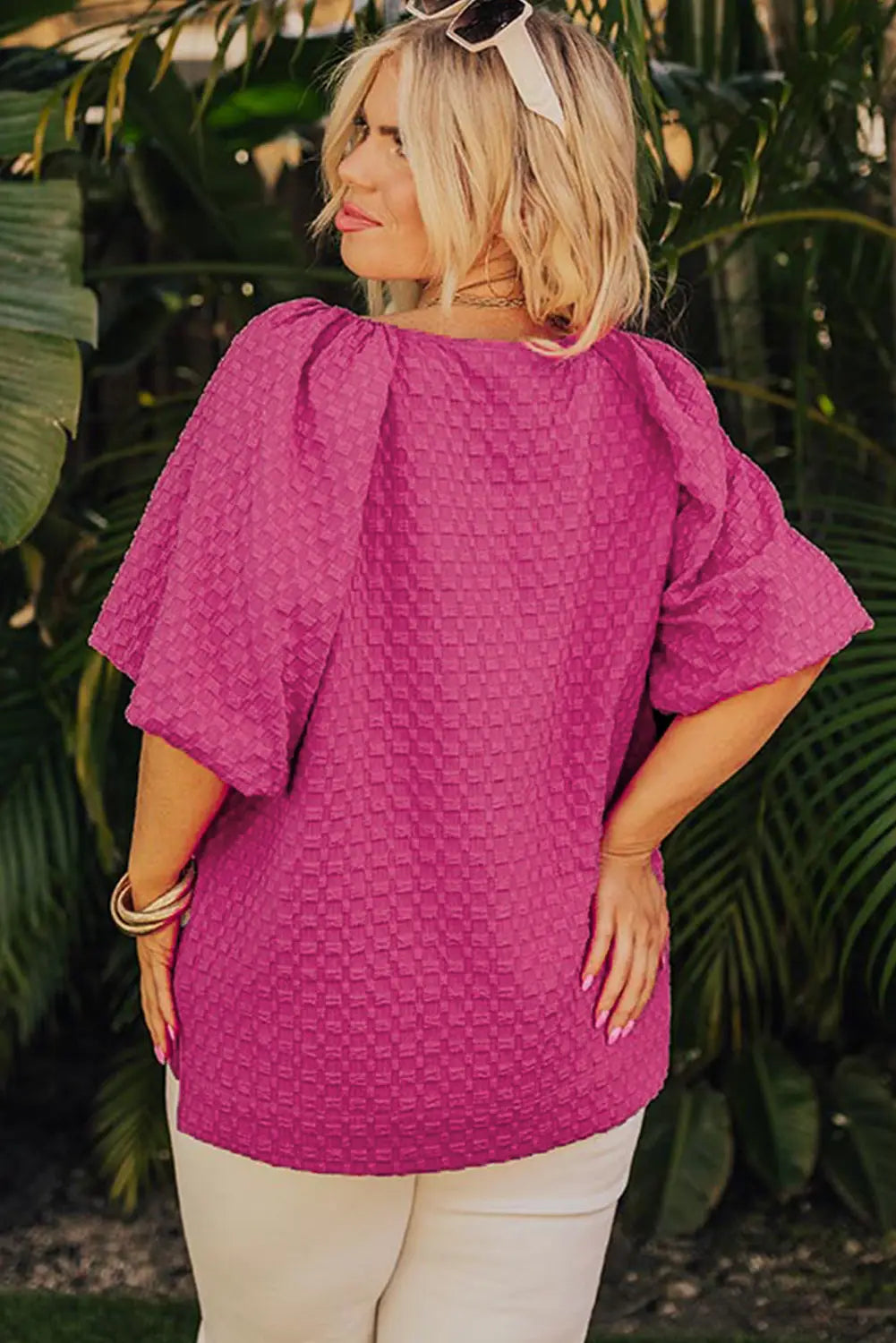 Coral paradise blouse - solid textured bubble sleeve plus size - blouses & shirts