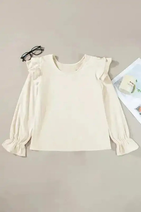 Corduroy ruffle casual elegant blouse front view — Fashionfitz UK