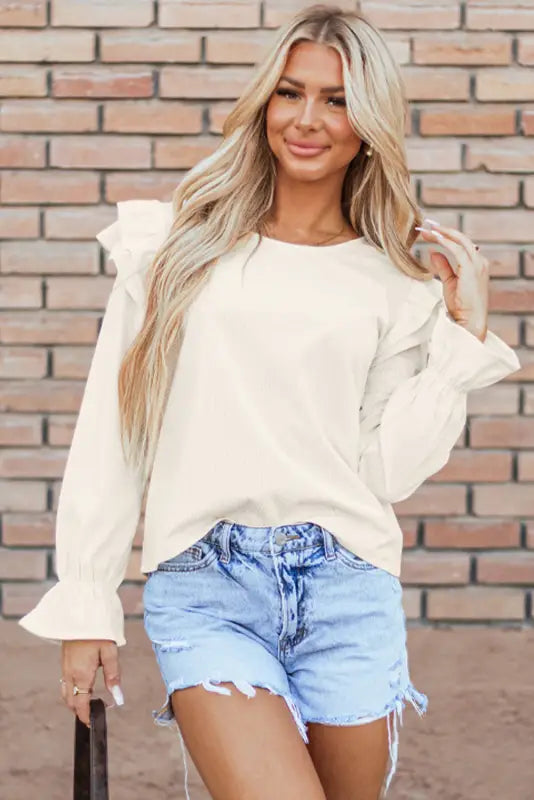 Corduroy charm ruffle blouse - blouses