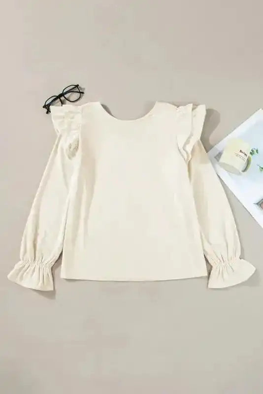Back view of Corduroy Ruffle Blouse showing relaxed silhouette and longer sleeve detail — Fashionfitz