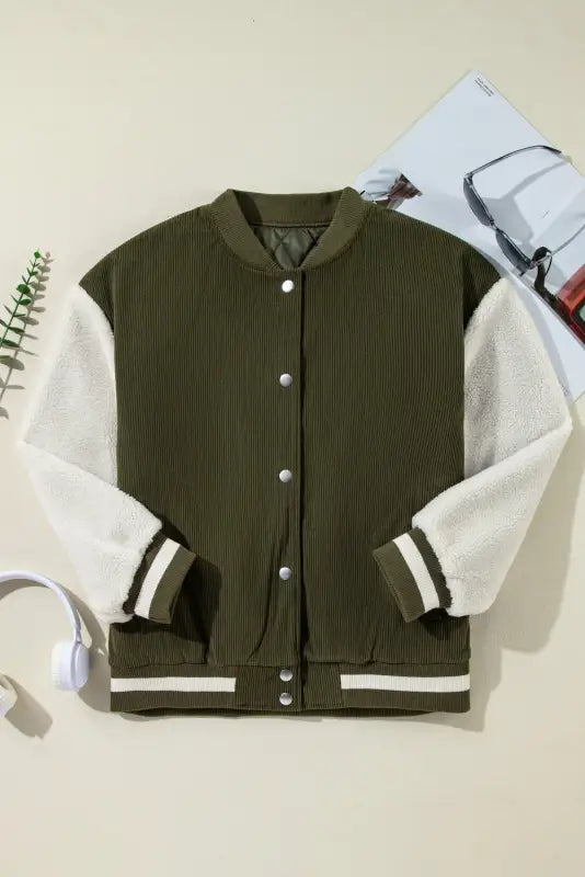 Corduroy fleece patchwork bomber jacket