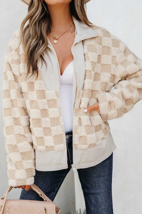 Person wearing a Corduroy Sherpa Jacket with a plain background -1