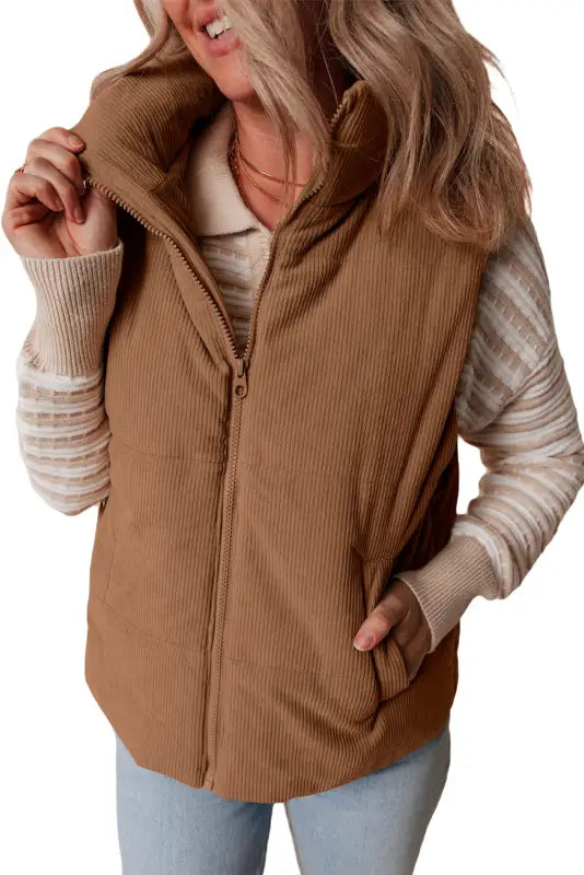 Corduroy stand neck puffer vest | fashionfitz