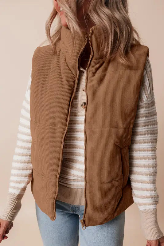 Corduroy stand neck puffer vest | fashionfitz