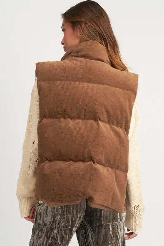 Corduroy stand neck puffer vest | fashionfitz