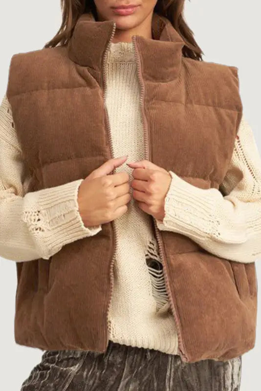 Corduroy stand neck puffer vest | fashionfitz