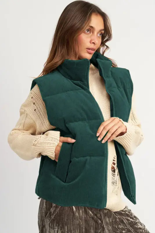 Corduroy zip-front puffer vest