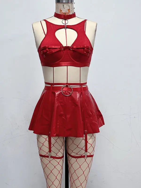 Cosplay leather uniform lingerie (stockings included) - red / s