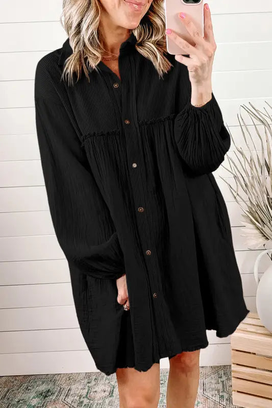 Cotton crinkle shirt dress - black - s / 100% cotton - mini dresses