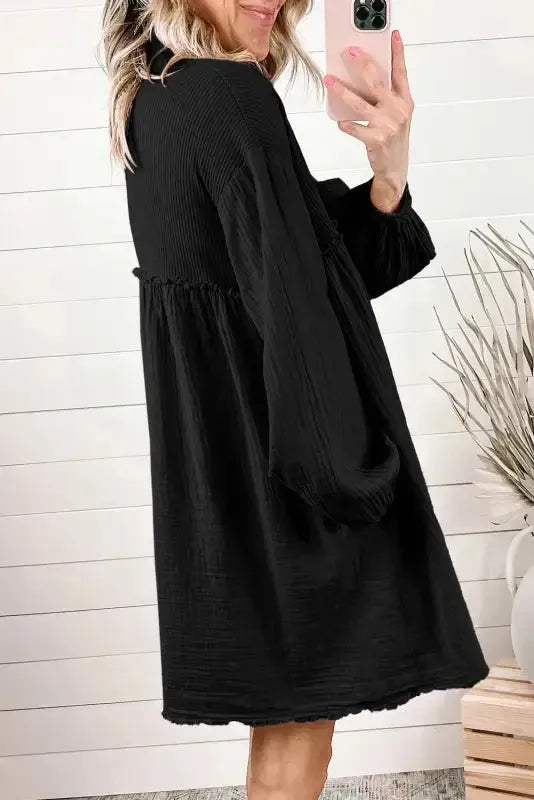 Cotton Crinkle Shirt Dress - Black - Fashionfitz