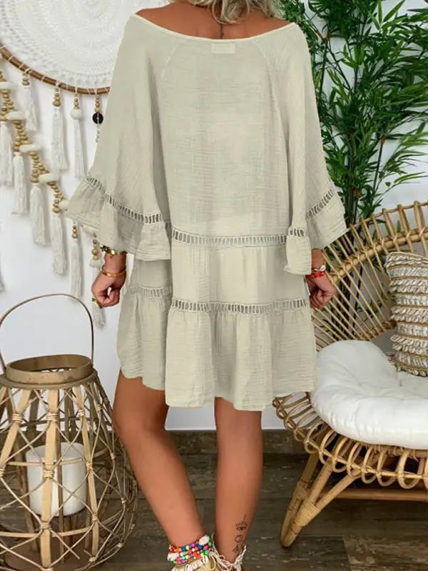 Cotton linen v-neck loose tunic top - mini dresses