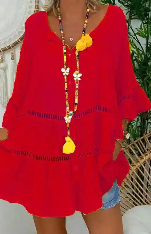 Cotton Linen V-Neck Loose Tunic Top - Fashionfitz