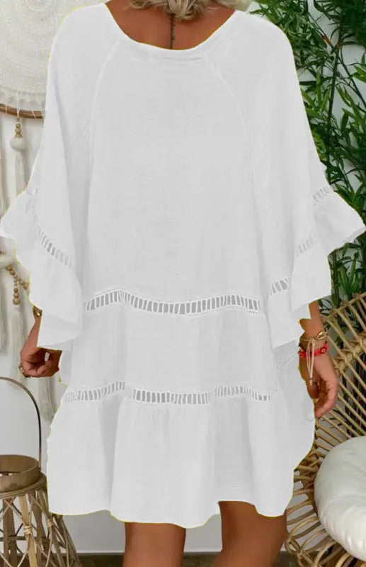 Cotton linen v-neck loose tunic top - mini dresses