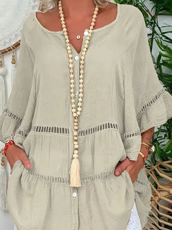 Cotton linen v-neck loose tunic top - brown / m - mini dresses