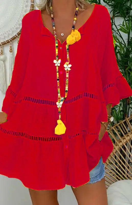 Cotton linen v-neck loose tunic top - red / s - mini dresses