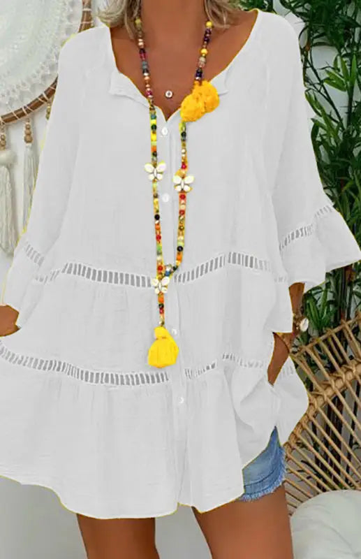 Cotton linen v-neck loose tunic top - white / s - mini dresses