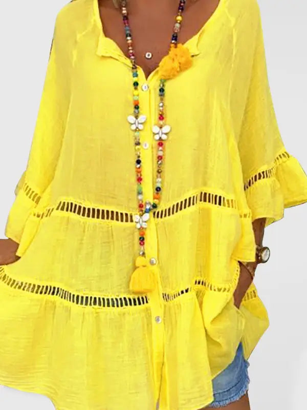 Cotton linen v-neck loose tunic top - yellow / s - mini dresses