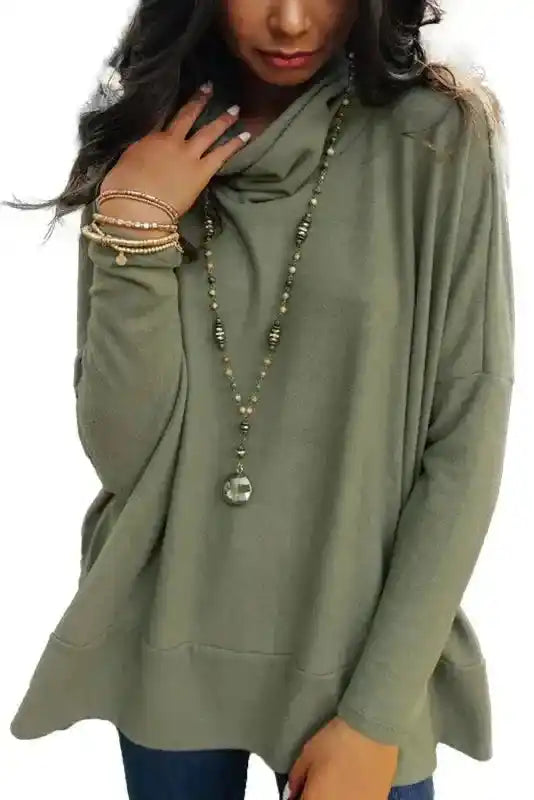 Studio shot of the olive green Versatile Cowl Neck Shift Tunic Top highlighting its soft texture and relaxed silhouette for winter fashion.