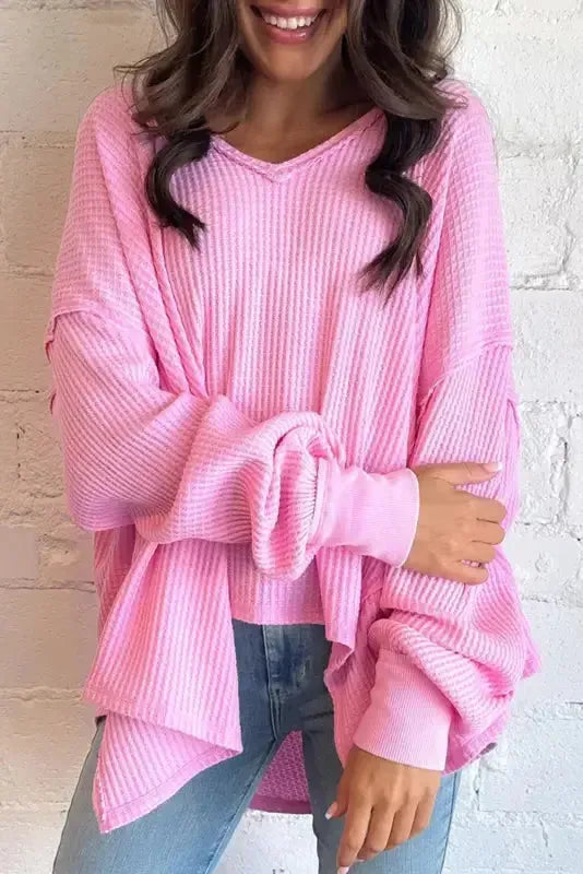 Bonbon Waffle Knit Exposed Seam High Low Top - Fashionfitz