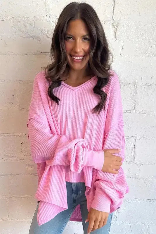 Bonbon Waffle Knit Exposed Seam High Low Top - Fashionfitz