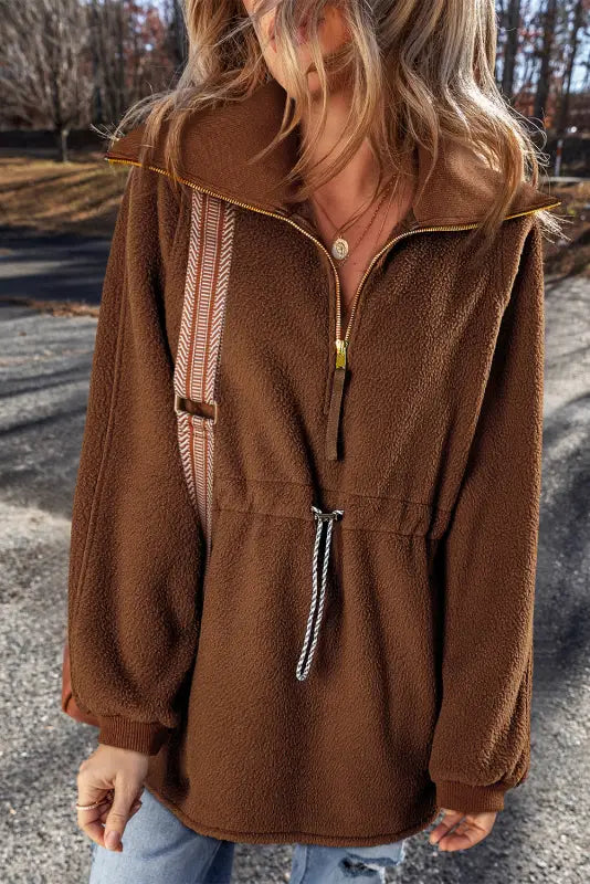 Cozy brown fleece pullover jacket | warm & stylish | shop