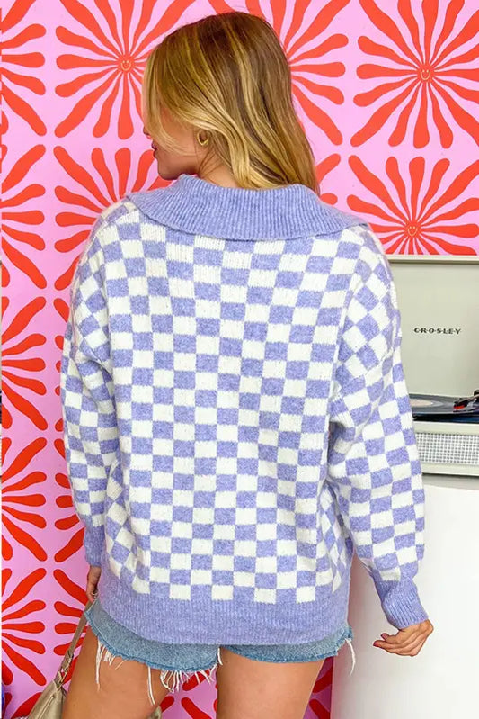 Cozy checkmate - plus size purple checkered sweater