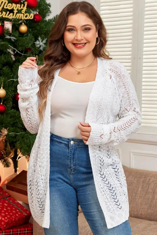 Cozy comfort plus size white eyelet cardigan