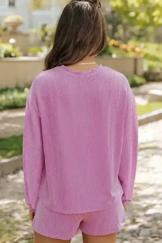 Corded long sleeve top and shorts lounge set back view — Fashionfitz UK