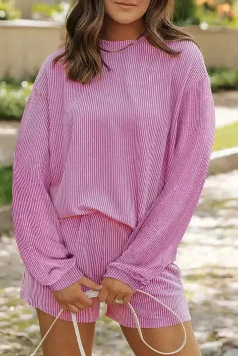 Phalaenopsis corded long sleeve top and high waist shorts lounge set front view — Fashionfitz UK