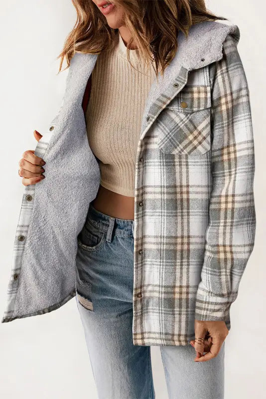 Cozy gray plaid sherpa-lined hooded shacket | fashionfitz