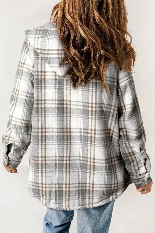 Cozy gray plaid sherpa-lined hooded shacket | fashionfitz