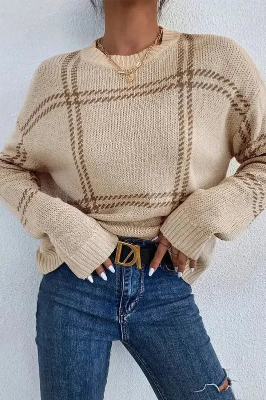 Cozy Khaki Plaid Knit Sweater - Fashionfitz