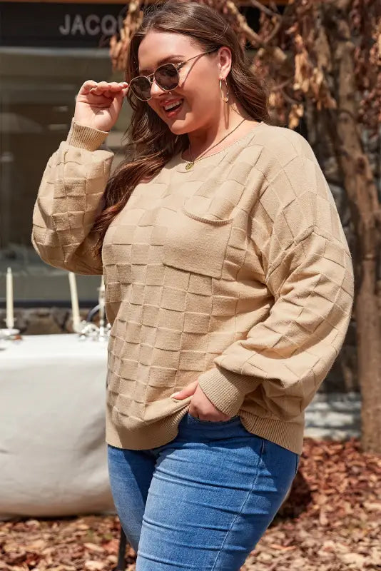 Cozycheck plus-size sweater – light french beige