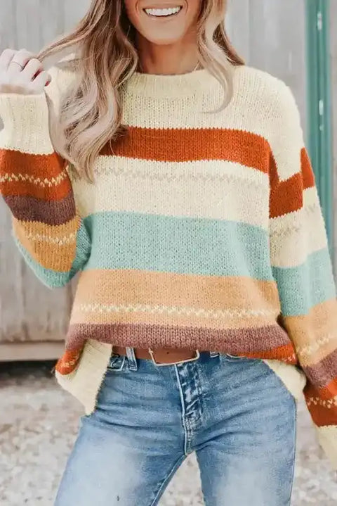 Soft stripe lightweight knit relaxed drop shoulder sweater front view — Fashionfitz UK