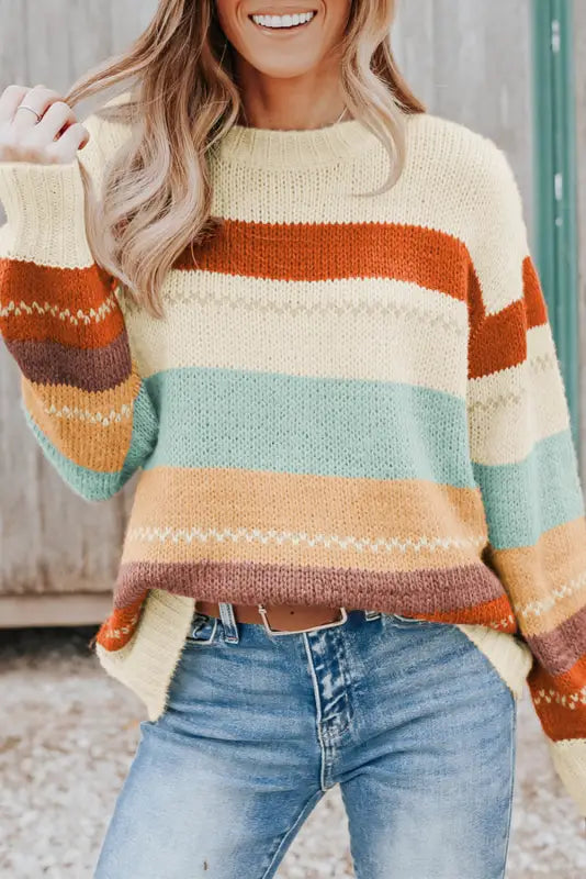 Crew neck drop - shoulder striped color block sweater