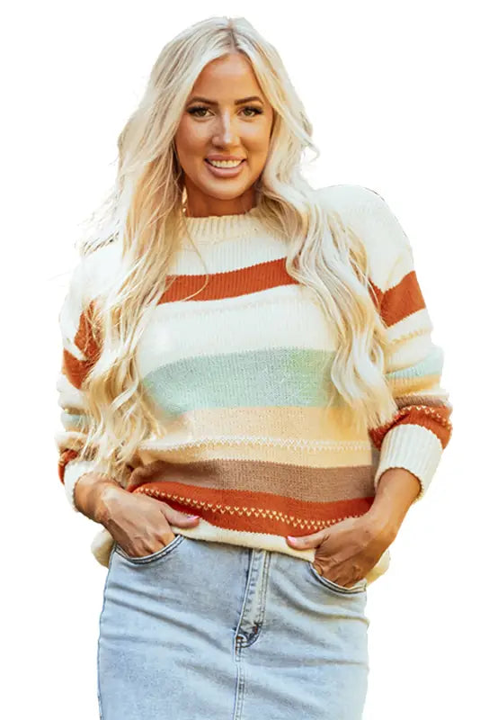 Crew neck drop - shoulder striped color block sweater