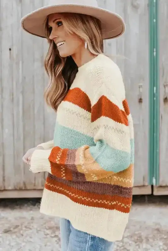 Crew Neck Drop-shoulder Striped Color Block Sweater - Fashionfitz