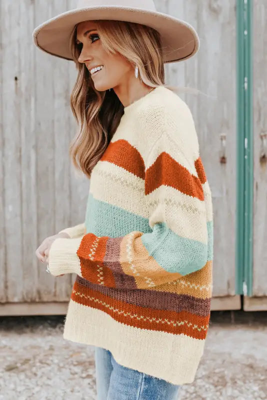 Crew neck drop - shoulder striped color block sweater