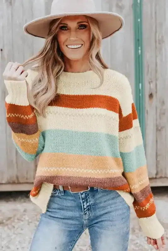 Crew Neck Drop-shoulder Striped Color Block Sweater - Fashionfitz