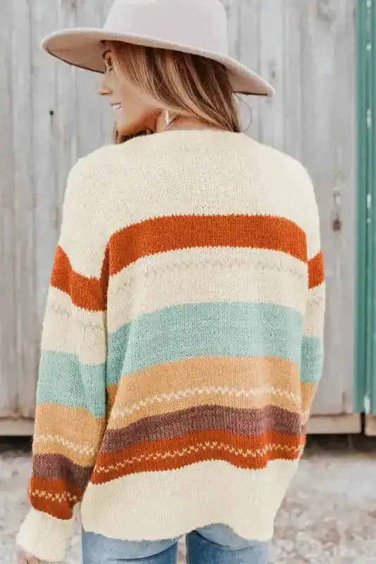 Crew Neck Drop-shoulder Striped Color Block Sweater - Fashionfitz